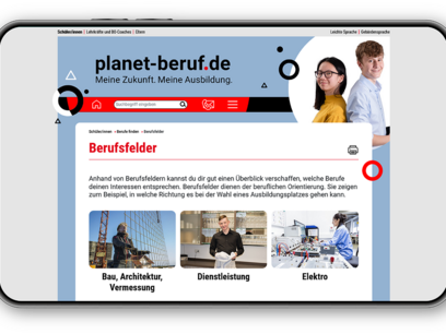 Screenshot der Berufsfelder-Seite auf planet-beruf.de auf einem Handy